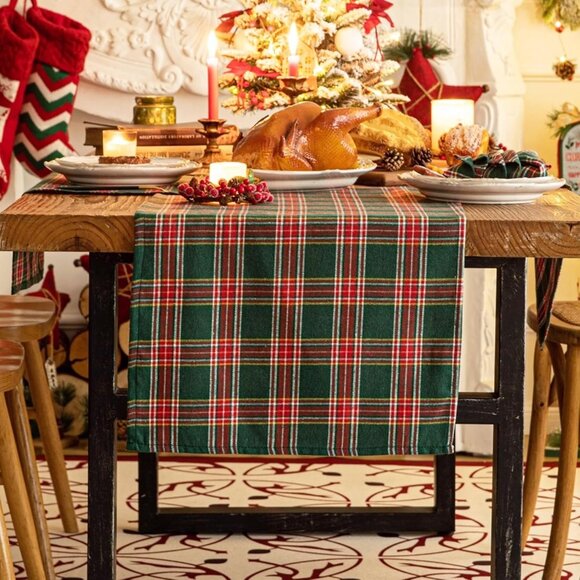 Other - Luxurious 90-Inch Green Red Plaid Table Runner - Perfect for Holiday Gatherings